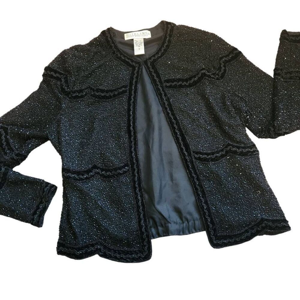 VTG 80s Blazer Jacket Womens Small NiteLine Black Trophy Wife Sequin Cocktail Pa